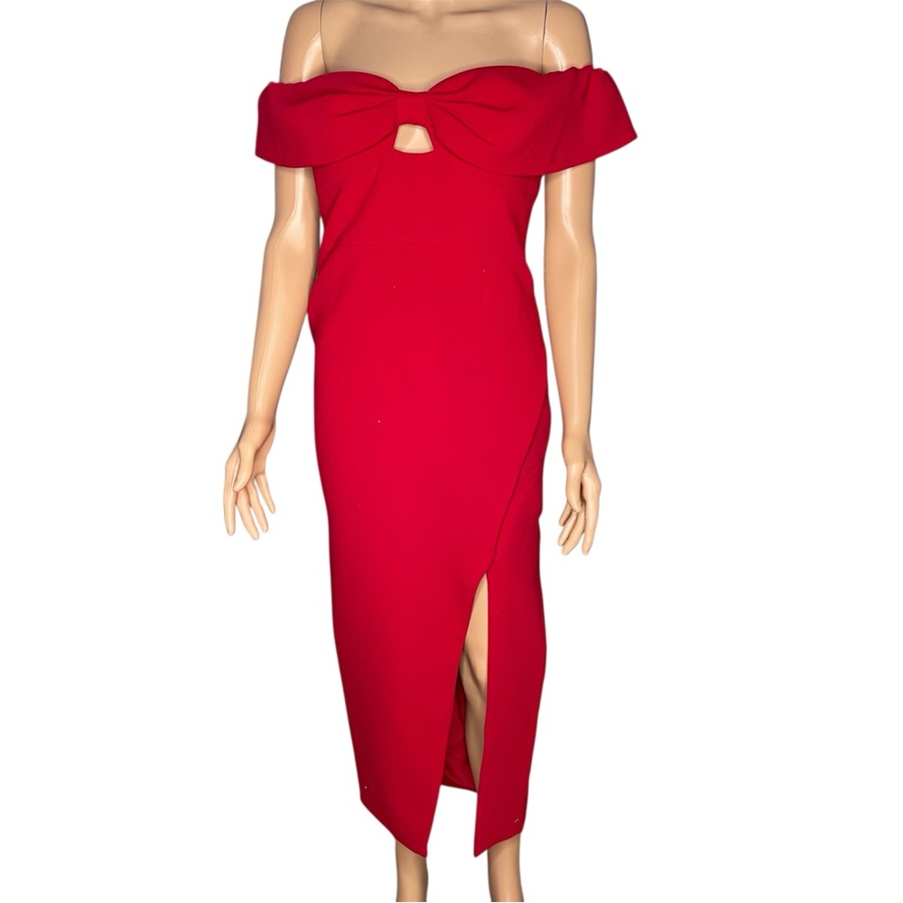 Self-Portrait Red Crepe Bow Midi Dress Size 8 NWT Off-Shoulder Side Slit - Picture 2 of 14